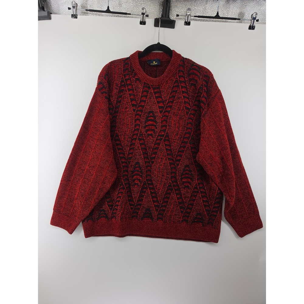Fiume Mens Red Black Geometric Intarsia Knit vintage Sweater Made in Italy